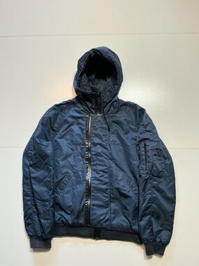 WHYRED Double Zip Navy Blue Military Army Hooded Bomber Flight Jacket